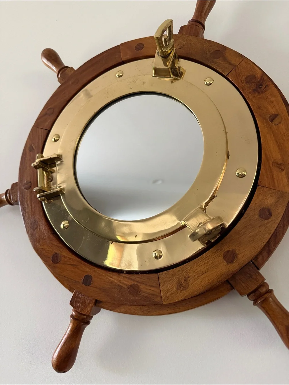 Wood Ship Wheel Wall Mirror with Brass Porthole Accent - Brown